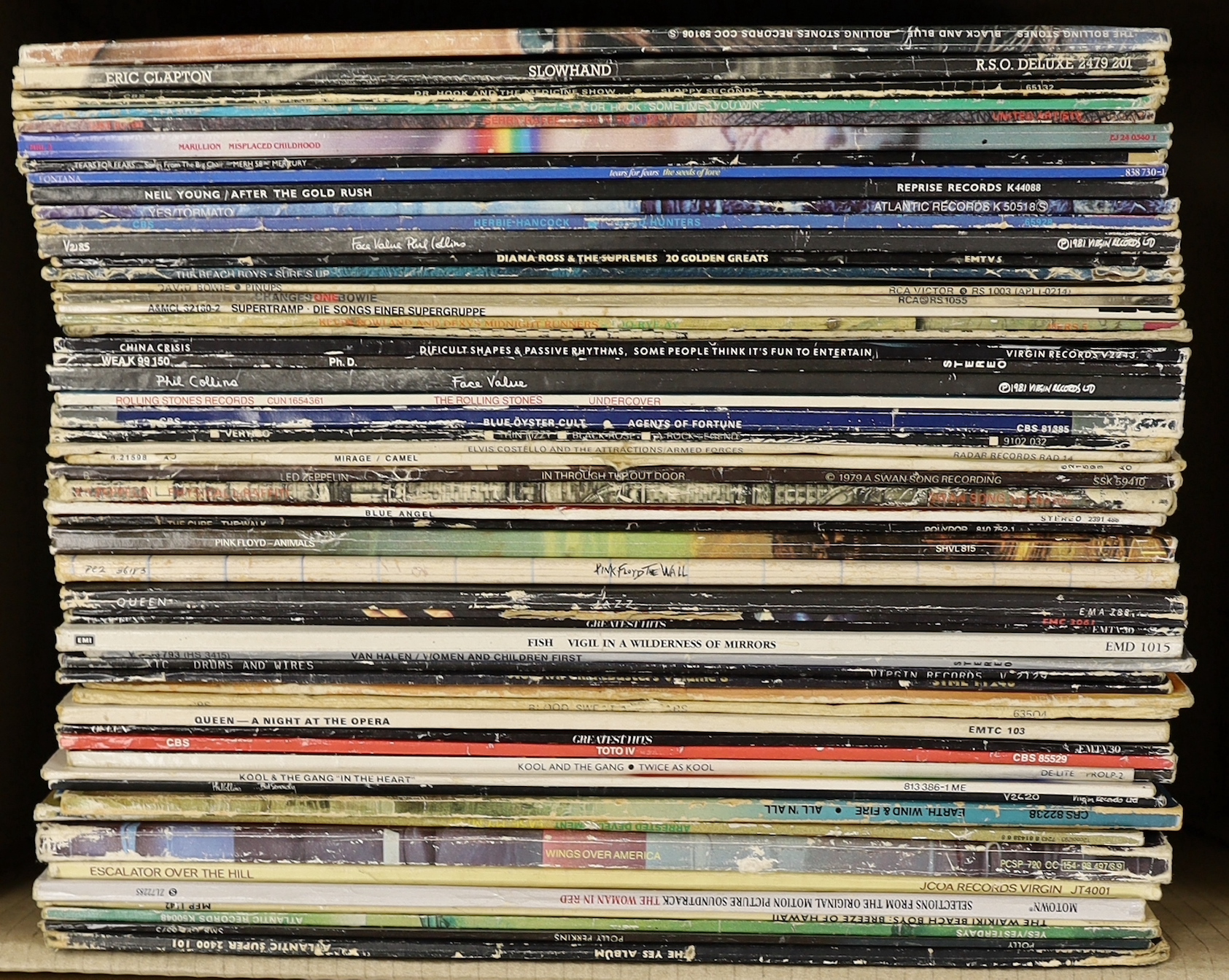 Fifty-eight mostly 1970's/80's LPs etc., including Dr. Hook, Marillion, Neil Young, Yes, T-Rex, Phil Collins, Diana Ross, David Bowie, Supertramp, Camel, Led Zeppelin, Pink Floyd, Queen, etc. notable albums include; In T